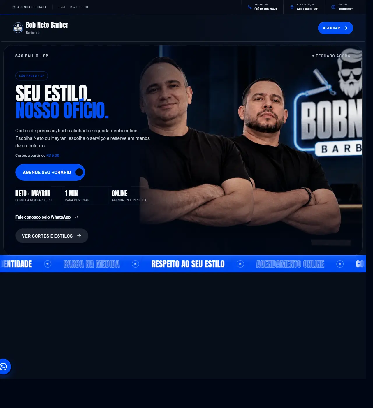 Print oficial da página inicial de Bob Neto Barber