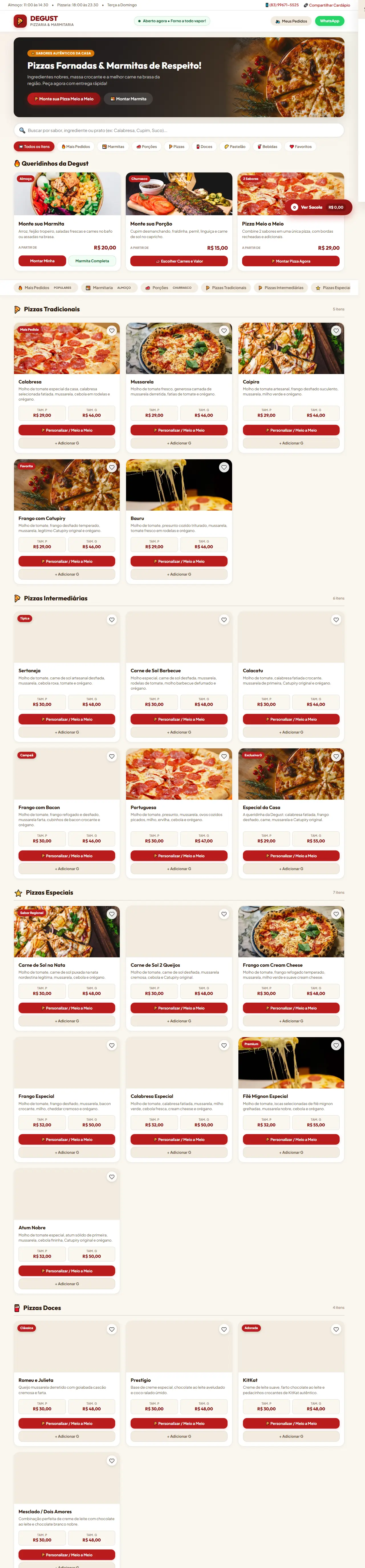 Print oficial da página inicial de Degust Pizzaria