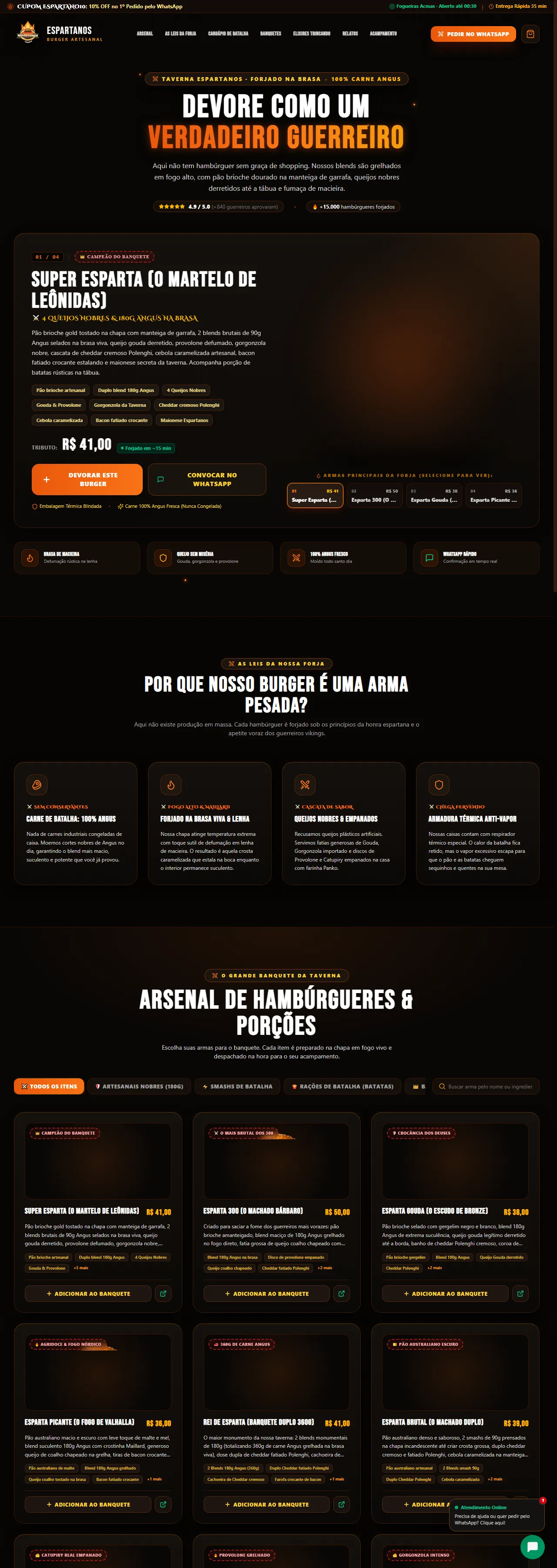 Print oficial da página inicial de Espartanos Premium Hamburgueria