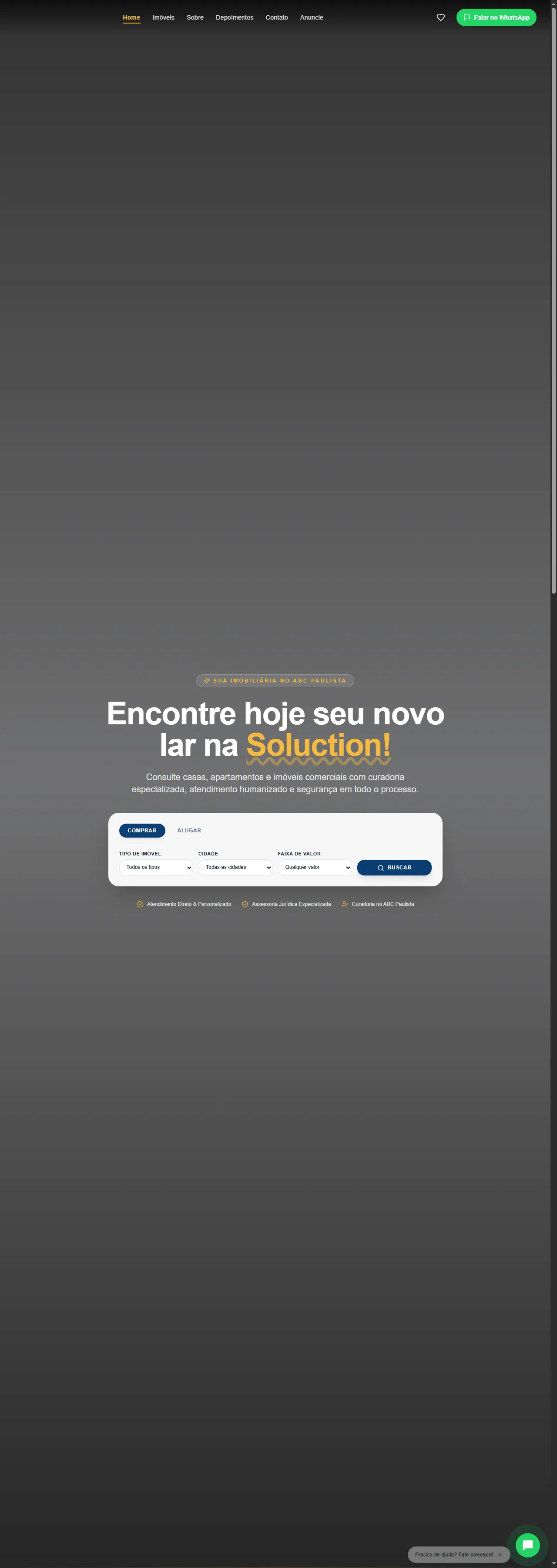 Print oficial da página inicial de Soluction Imóveis